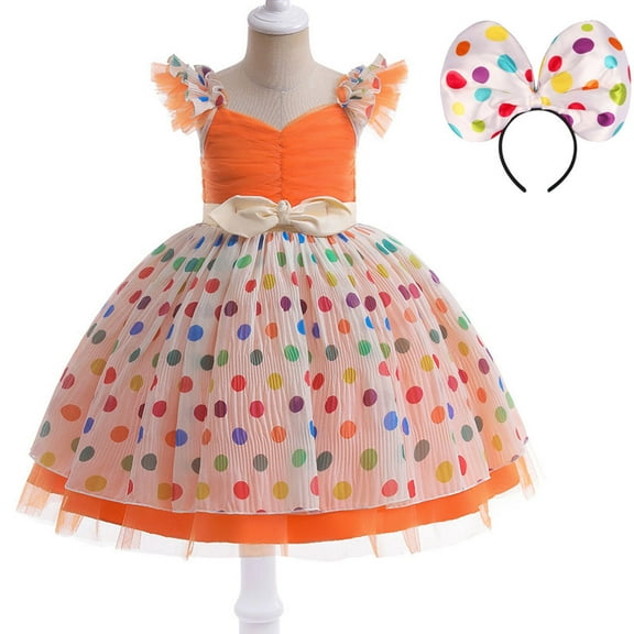 Girls Polka Dots Fancy Dress Halloween Costume Christmas Outfits w/Headband, 3-9Y