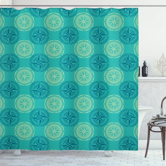 Nautical Shower Curtain, Seascape Element Compass Repeating Marine-Themed Layout, Fabric Bathroom Set with Hooks, 69W X 84L Inches Extra Long, Dark Seafoam Beige Petrol Blue, by Ambesonne
