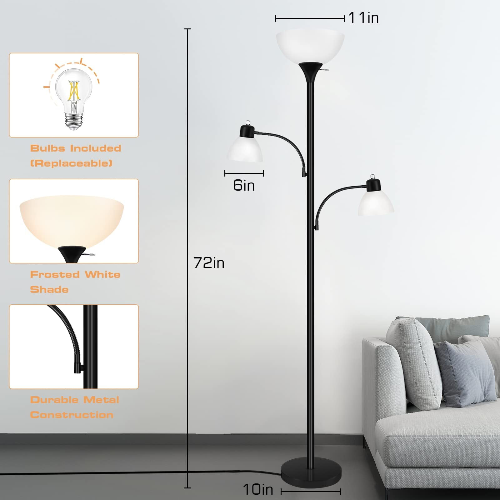 NATYSWAN Floor Lamps for Living Room,Torchiere Floor Lamp with 8W Adjustable Reading Lights, Morden Tall Lamps for Living Room, Bedroom, Office, 3 Bulbs Included