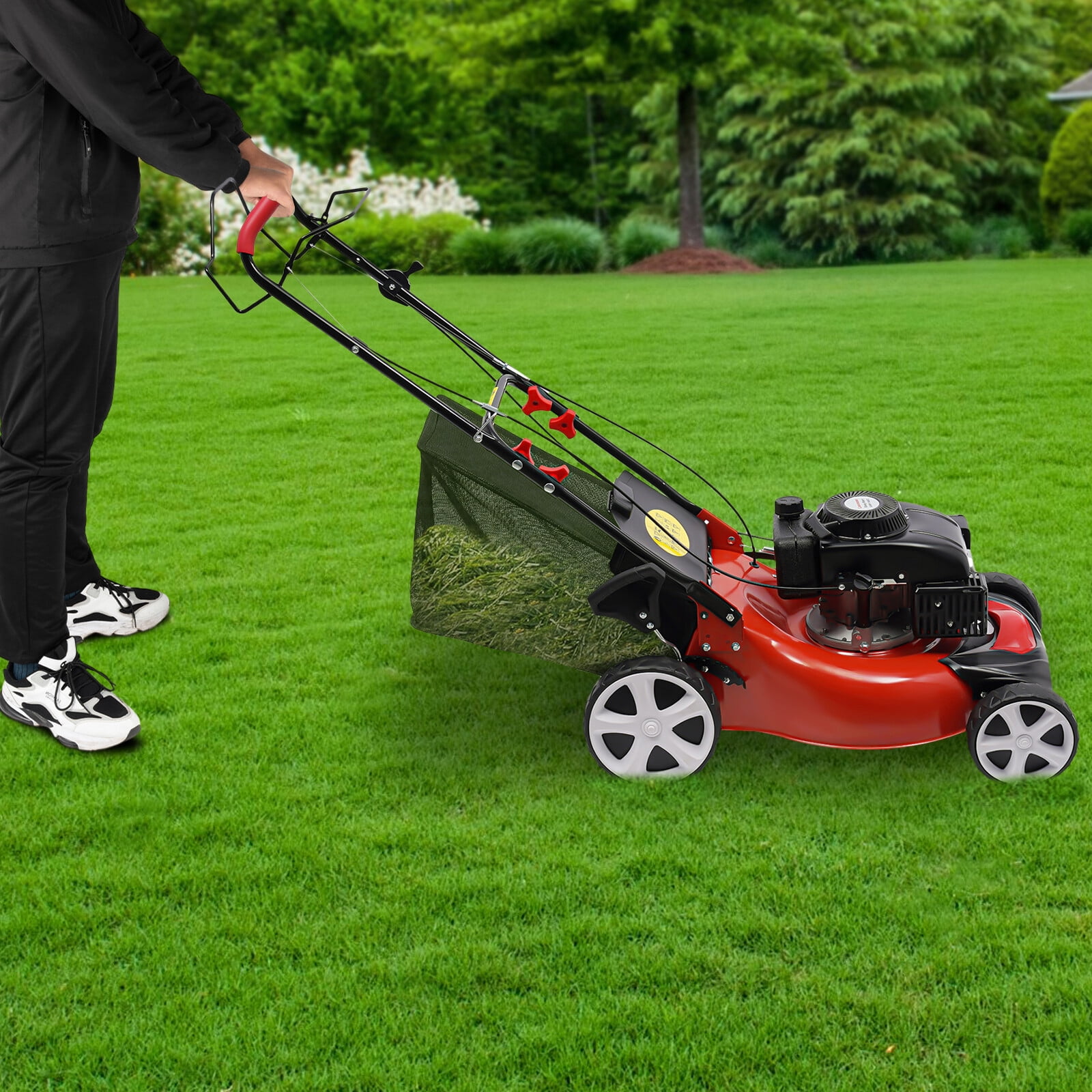 140CC 4-Stroke Self-Propelled Gas Lawn Mower, Red Black Labor-Saving Self-Propelled Drive Gas Grass Cutter for Garden Villa Municipal Greening