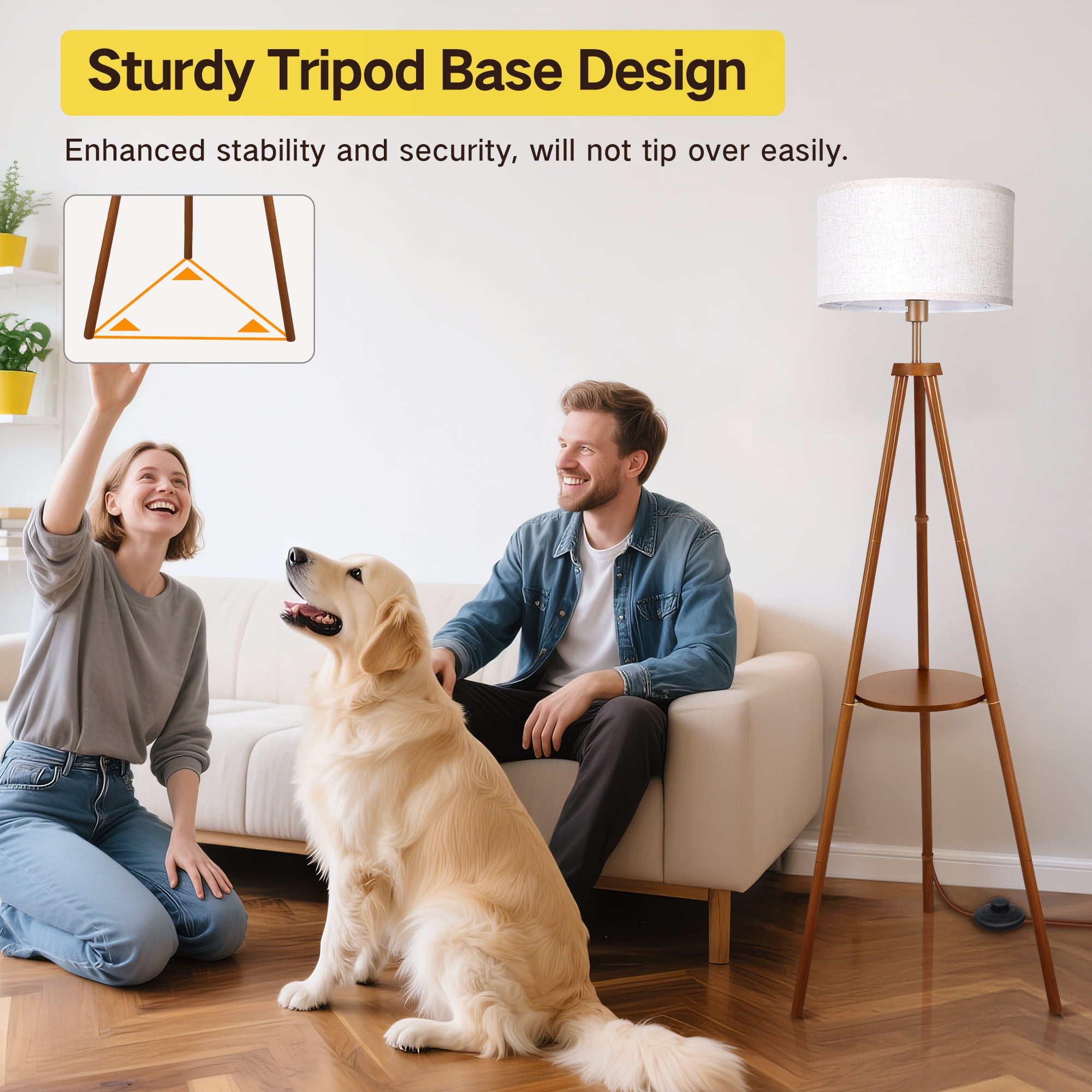 OUTON Boho Rattan Tripod Floor Lamp with Shelves, Dimmable Standing Lamp with Remote Control,Wood Tall Floor Lamps for Living Room Bedroom Office Farmhouse, Walnut