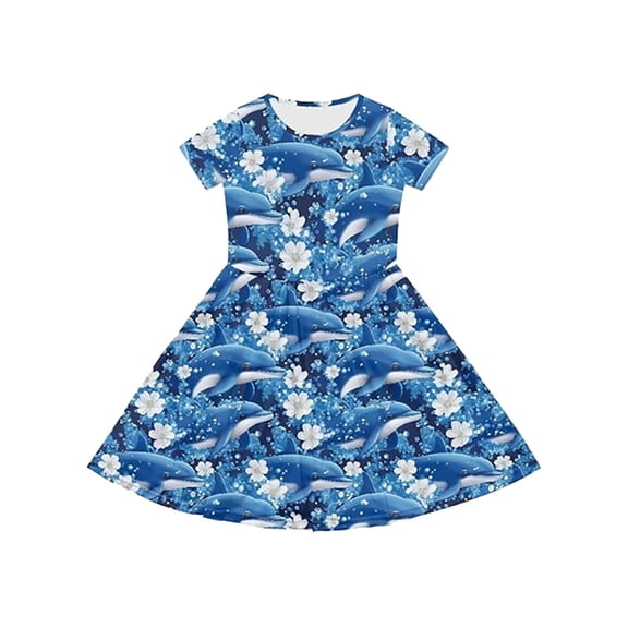 Glisme Little Girls Dress Floral Print Short Sleeve Crew Neck Beach Performance Girls Dresses