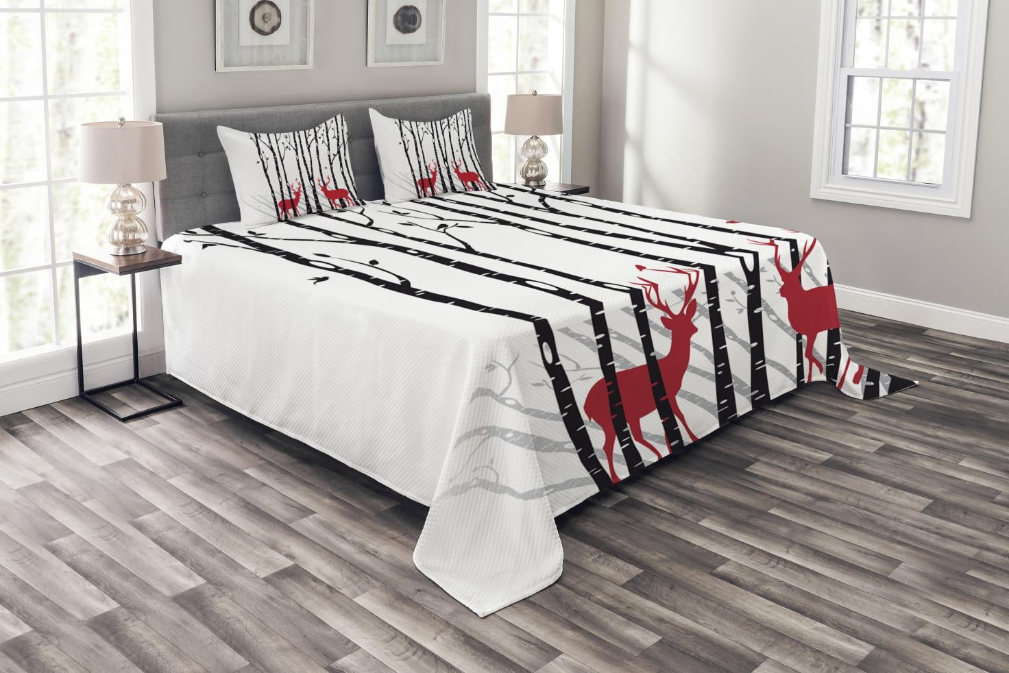 Red Black Grey White Decorative 2 Piece Bedding Set with 1 Pillow Sham Deer Tree Forest with Red Holiday Theme Flying Leaves Branch Reindeer Ambesonne Antlers Duvet Cover Set Twin Size 