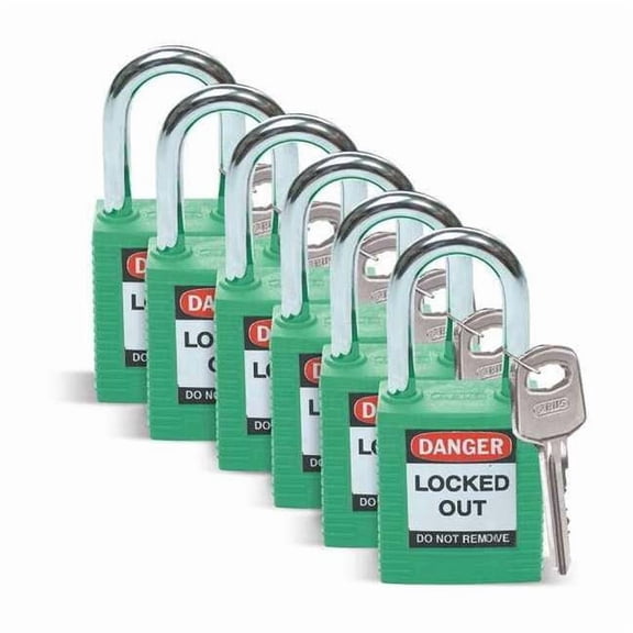 Brady Lockout Padlock,KD,Green,1-3/4"H,PK6 51345