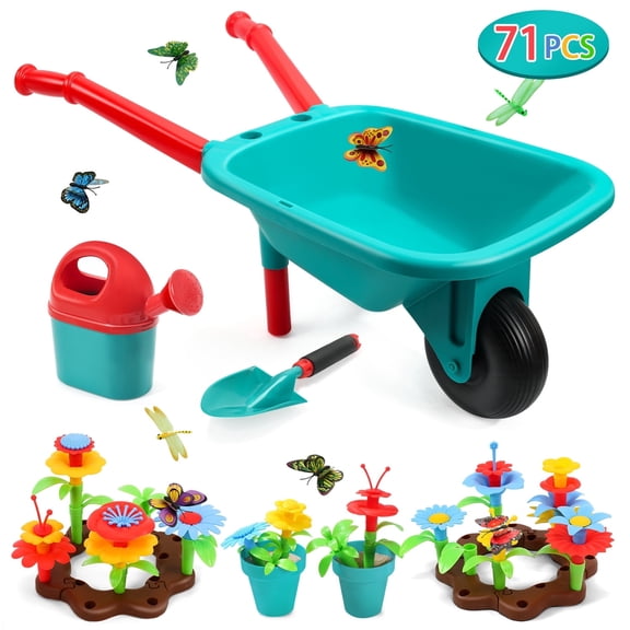 CUTE STONE Kids Gardening Tool Set with Wheelbarrow, Watering Can & Flower Building Toys, Pretend Play Indoor & Outdoor Garden Toy for Boys & Girls Ages 3 