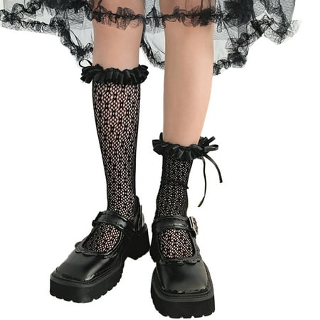 

✪ Japanese Lolita Sweet Lace Fishnet Knee High Socks Women Preppy Style Satin Frilly Ruffled Ribbon Bowknot Mesh Stockings