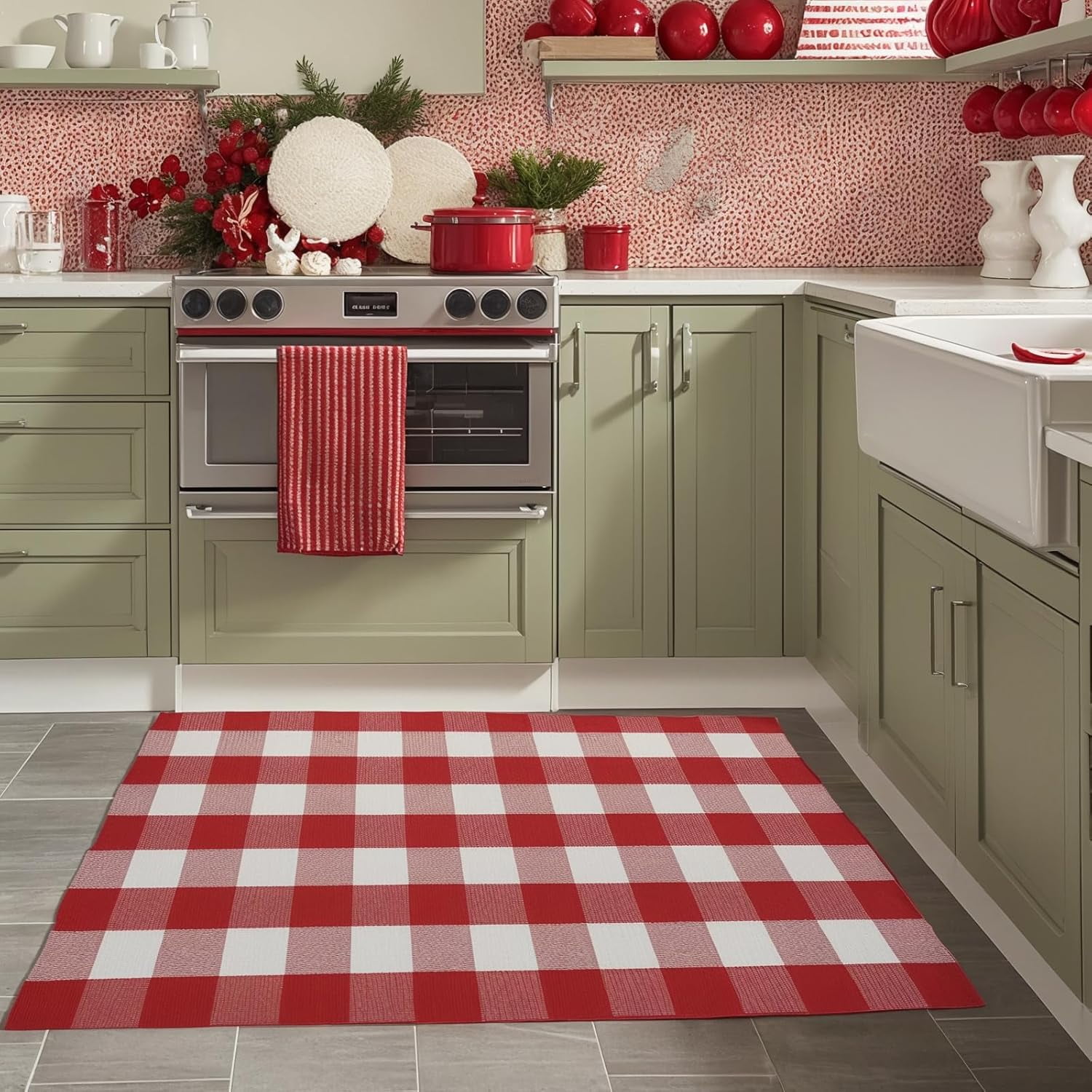 AllWays Plaza Cotton Buffalo Plaid Rug 3'x5' Red and White Checked Rug Washable Doormats Indoor Outdoor Rugs for Layered Front Door Mats, Porch, Kitchen, Farmhouse, Entryway