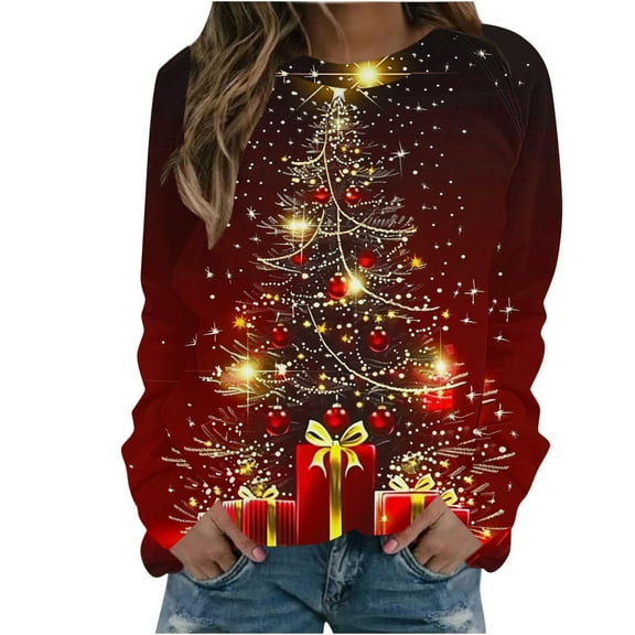 gakvbuo Christmas Sweater for Women Christmas Sweatshirt Crewneck Print Long Sleeve Blouse Pullover Sweatshirt Tunic Tops Hoodless Sweatshirt