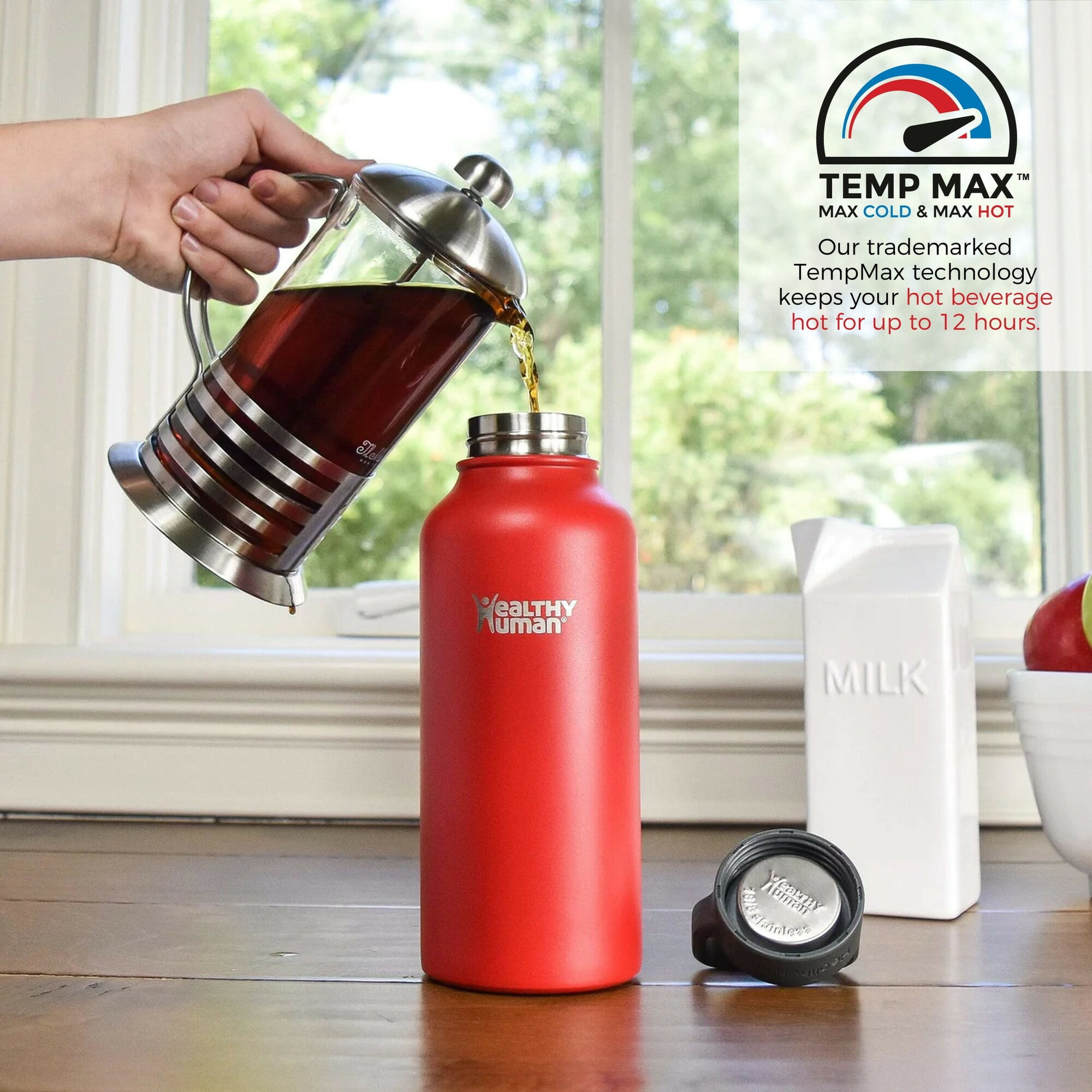 Healthy Human Stainless Steel Water Bottle | Double Walled Vacuum Insulated Water Thermos for Adults | Eco-Friendly Travel Bottles with Leak Proof Lid (Red Hot, 40 oz / 1183 ML)