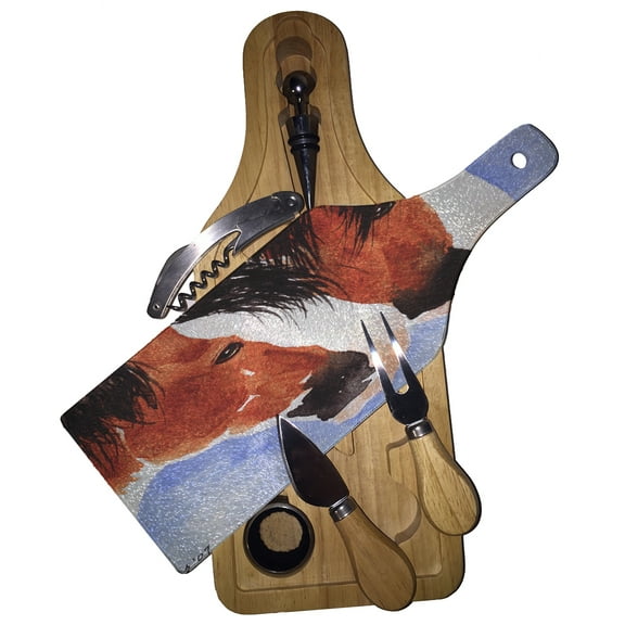 KuzmarK Wine & Cheese Glass Cutting Board Wood Box Gift Set - Clydesdale Team Mates Draft Horse Art by Denise Every
