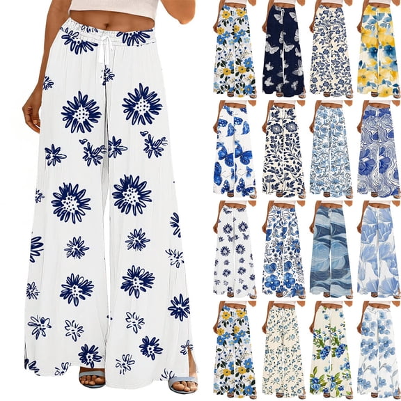 Stamzod Wide Leg Pants for Women Summer Flowy Boho Palazzo Pants High Waisted Floral Beach Trousers with Pockets White K XXXL