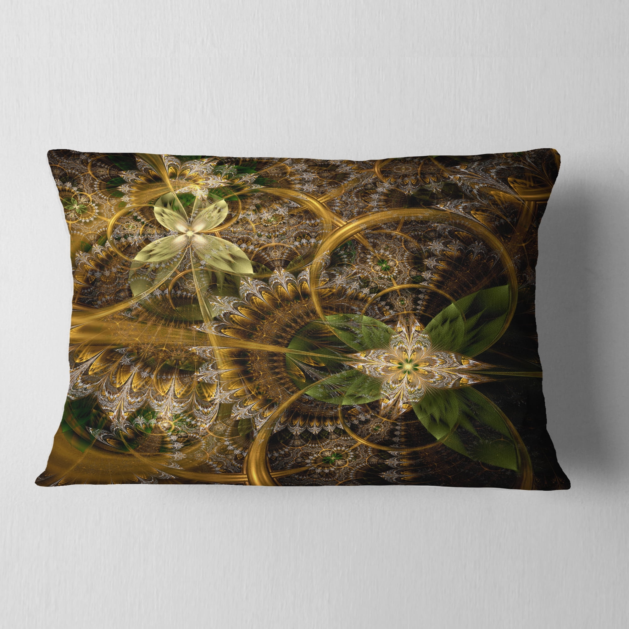 Designart Green Gold Digital Art Fractal Flower - Floral Throw Pillow - 12x20