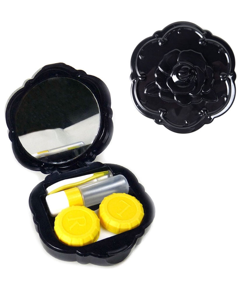 [2 PACK], JAVOedge Black Rose Contact Lens Carry Case Travel Kit with