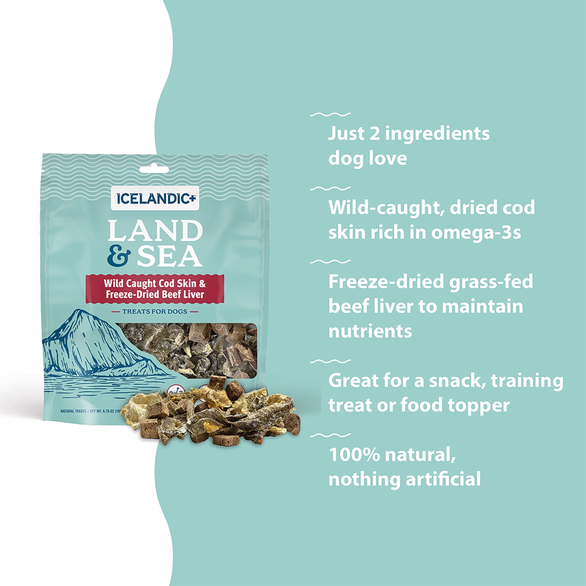 Icelandic+ Land & Sea: Wild Caught Cod Skin & Freeze-Dried Beef Liver - 2.4oz Bag, Dog Treat & Food Topper, 2 Ingredients, No Preservatives, Natural