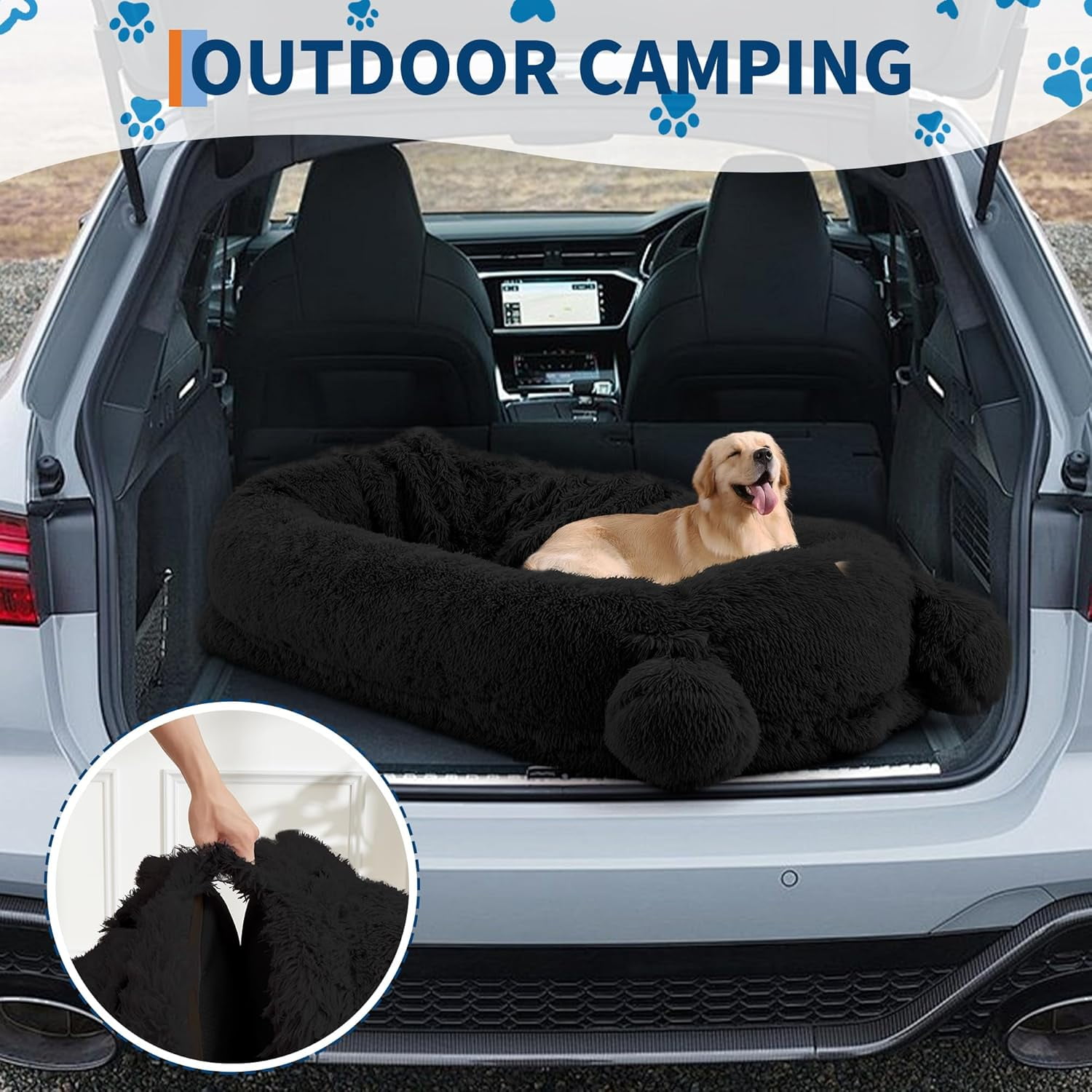 Human Sized Dog Bed, 70.87" x 45" x 12" Large Dog Bed with 2 Storage Pockets, Faux Fur Orthopedic Pet Bean Bed for Adults & Giant Pets - Black