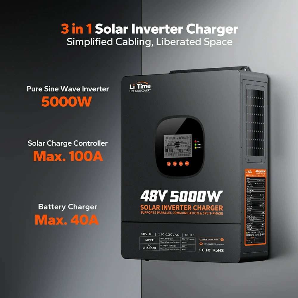LiTime 5000W Pure Sine Wave Inverter, 48V DC to 120V AC Solar Hybrid Inverter Charger, Parallel Split-Phase for 240V, Build in 100A MPPT Solar Charger Controller for Home Backup, Off-Grid, Farm