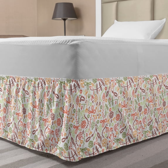 Nature Bed Skirt, Autumn Leaves Hand Drawn Colorful Lines Harvest Season Spring Image, Elastic Bedskirt Dust Ruffle Wrap Around for Bedding Decor, 4 Sizes, Lime Green Burgundy, by Ambesonne