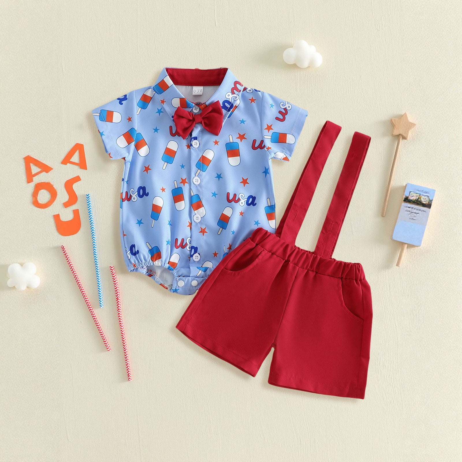 Wxirdiow Boy Baptism Outfit Toddler Baby Boy 4th of Outfits Gentleman Short Sleeve Button Down Romper Shirt Dress Shorts Fourth of July Clothes Set Blue Size,0-3 Months