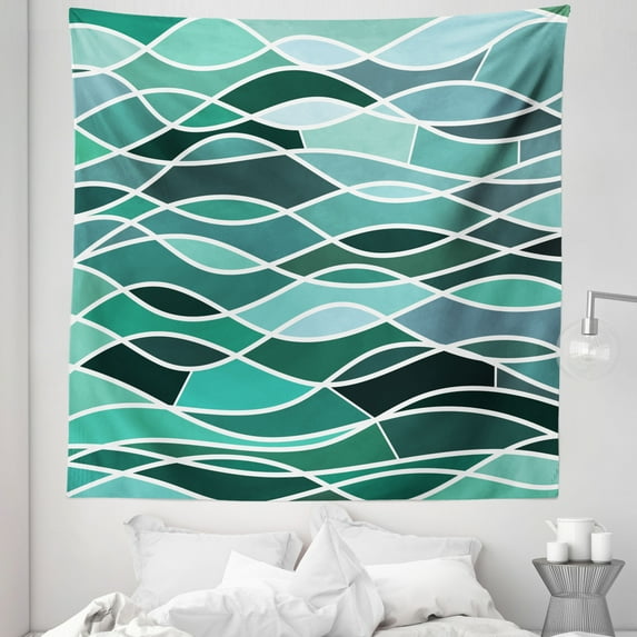 Seafoam Tapestry, Stained Glass Pattern with Wavy Lines and Mosaic Abstract Geometric Composition, Fabric Wall Hanging Decor for Bedroom Living Room Dorm, 5 Sizes, Multicolor, by Ambesonne