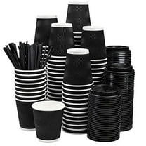 NYHI Pack of 100 10 oz Black Paper Cups with Black Lids Straws Coffee Cups Disposable BPA Free Insulated Ripple Kraft Paper Cups To go Cups for Hot or Cold Drinks Office Home Canteen Party Travel