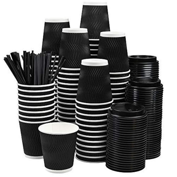 NYHI Pack of 100 10 oz Black Paper Cups with Black Lids Straws Coffee Cups Disposable BPA Free Insulated Ripple Kraft Paper Cups To go Cups for Hot or Cold Drinks Office Home Canteen Party Travel