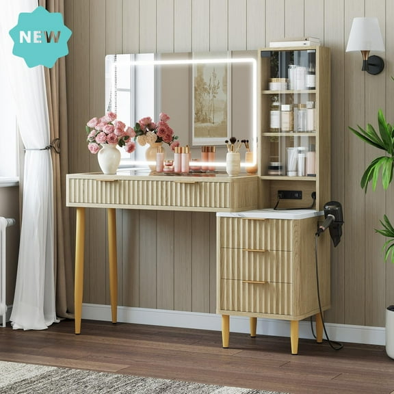 Modern Makeup Vanity Desk with LED Mirror & Lights – 5 Drawers, 3 Storage Shelves, Glass Top & Built-In Charging Station