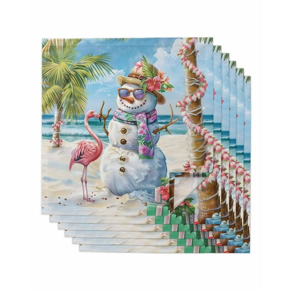Coastal Snowman Christmas Cloth Napkins Washable Set of 6, Xmas Tree Flamingo Beach Reusable Dinner Table Napkins Cloth Bulk for Weddings Kitchen Restaurants Hotel Events Parties 20 x 20 Inch