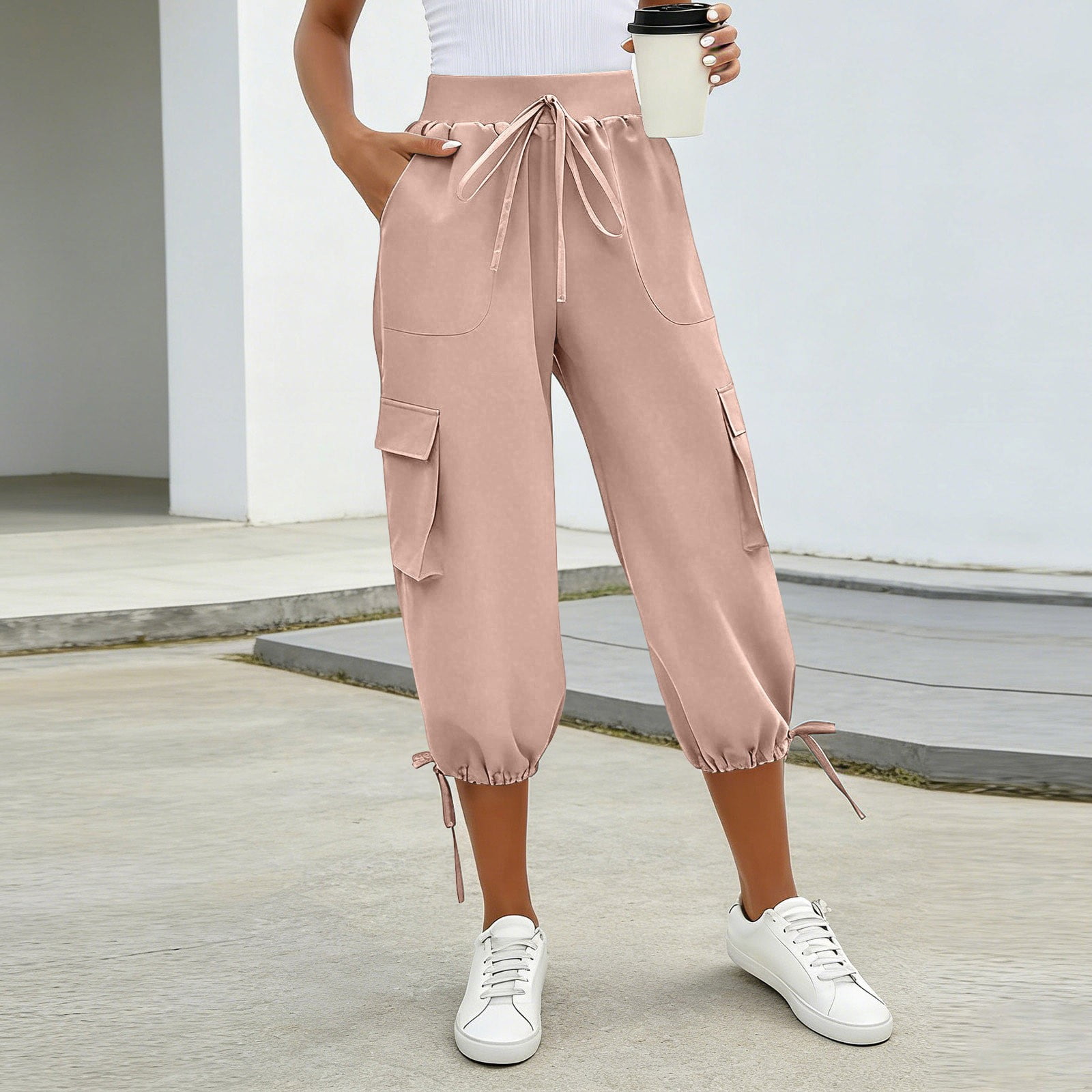 Gtoiithly Women's Solid Cargo Jogger Pants - Loose Fit Casual Elastic Trousers with Drawstring Waist & Side Cargo Pockets Pink M