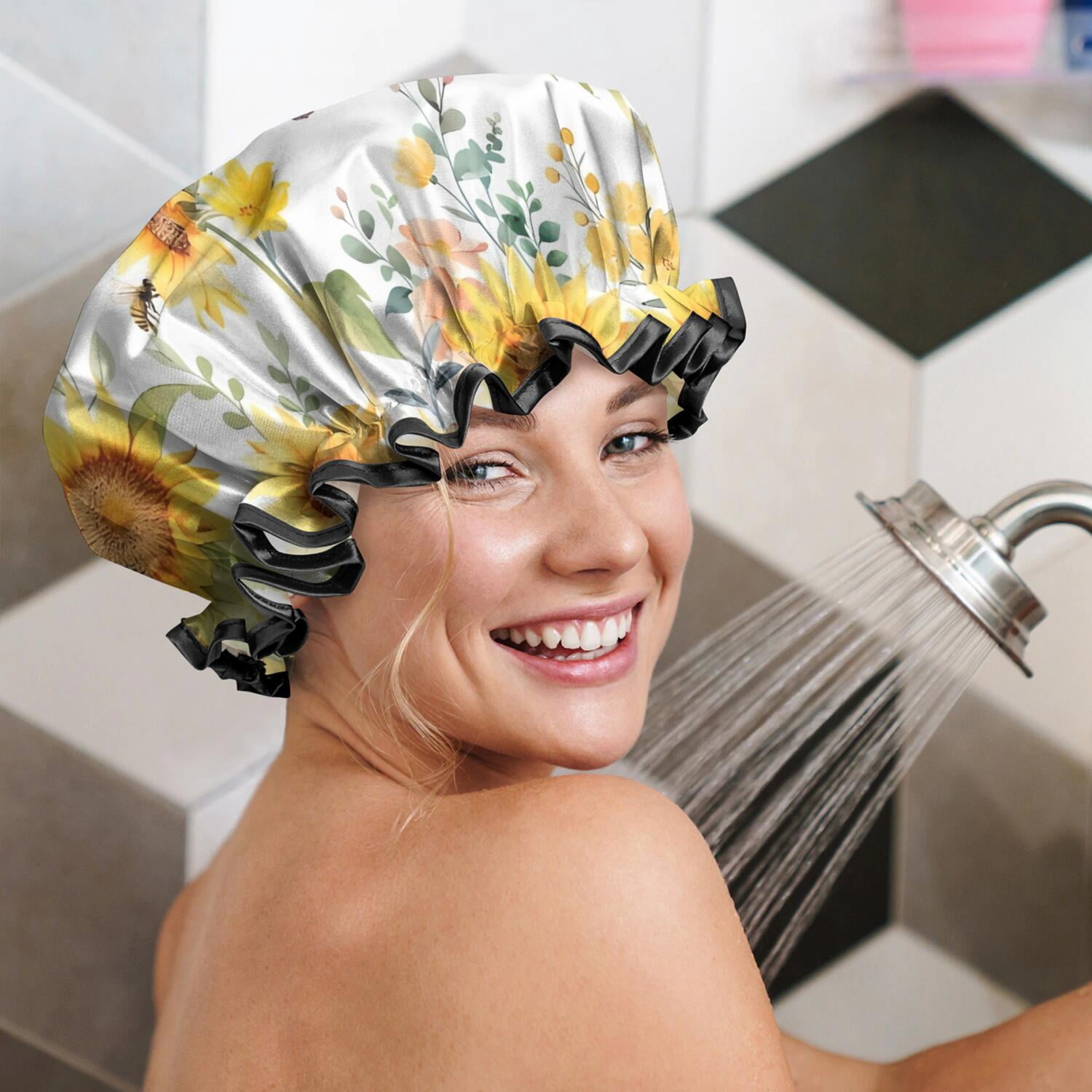 Shower Caps,White Butterfly Bee Sunflower Pattern Waterproof Shower Cap for Women 4 Pieces,Double Reusable Hair Cover for Shower PEVA Elastic Stretch Hem