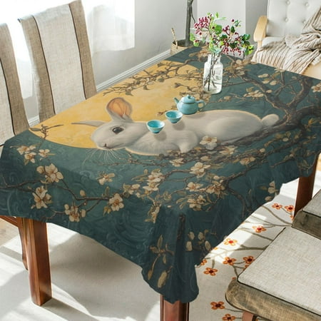

BZSMCE Square Tablecloth Jade Rabbit Moon and Osmanthus Tree Pattern Tableclothes