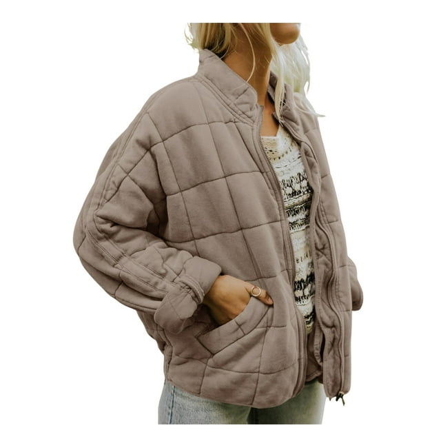 Opperiaya Veste Matelassée à Manches Longues et Col Montant pour Femmes, Couleur Unie, Fermeture Éclair Complète
