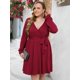 thumbnail image 2 of Vestido Midi plisado con volantes para mujer, traje de manga larga con cuello en V, holgado e informal, talla grande, Otoño, 2023, 2 of 7