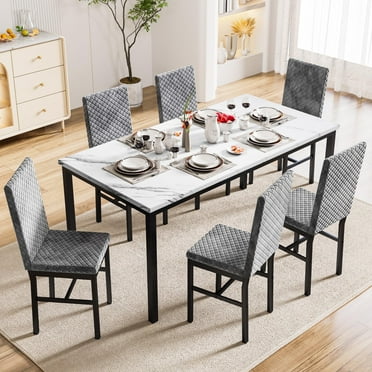 Lamerge 7 Piece Dining Table Set , Modern Dining Room Table Set for 6, Faux Marble Kitchen Dining Table and 6 Upholstered Velvet Chairs for Big Family, White & Grey