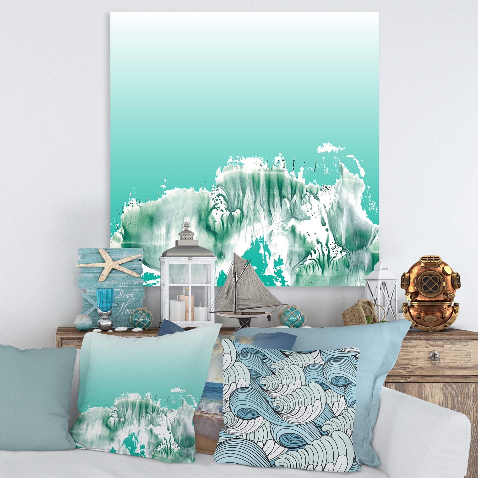 Aquamarine Landscape Turquoise Splashes 30 in x 30 in Painting Canvas Art Print, by Designart