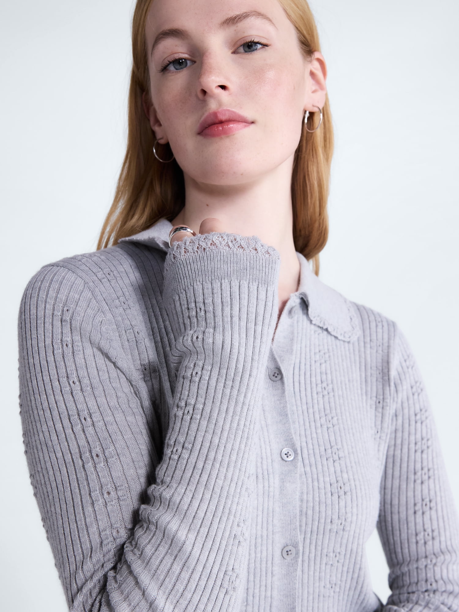 Free Assembly Women's and Women's Plus Pointelle Trim Cardigan Sweater, Lightweight, Sizes XS-4X