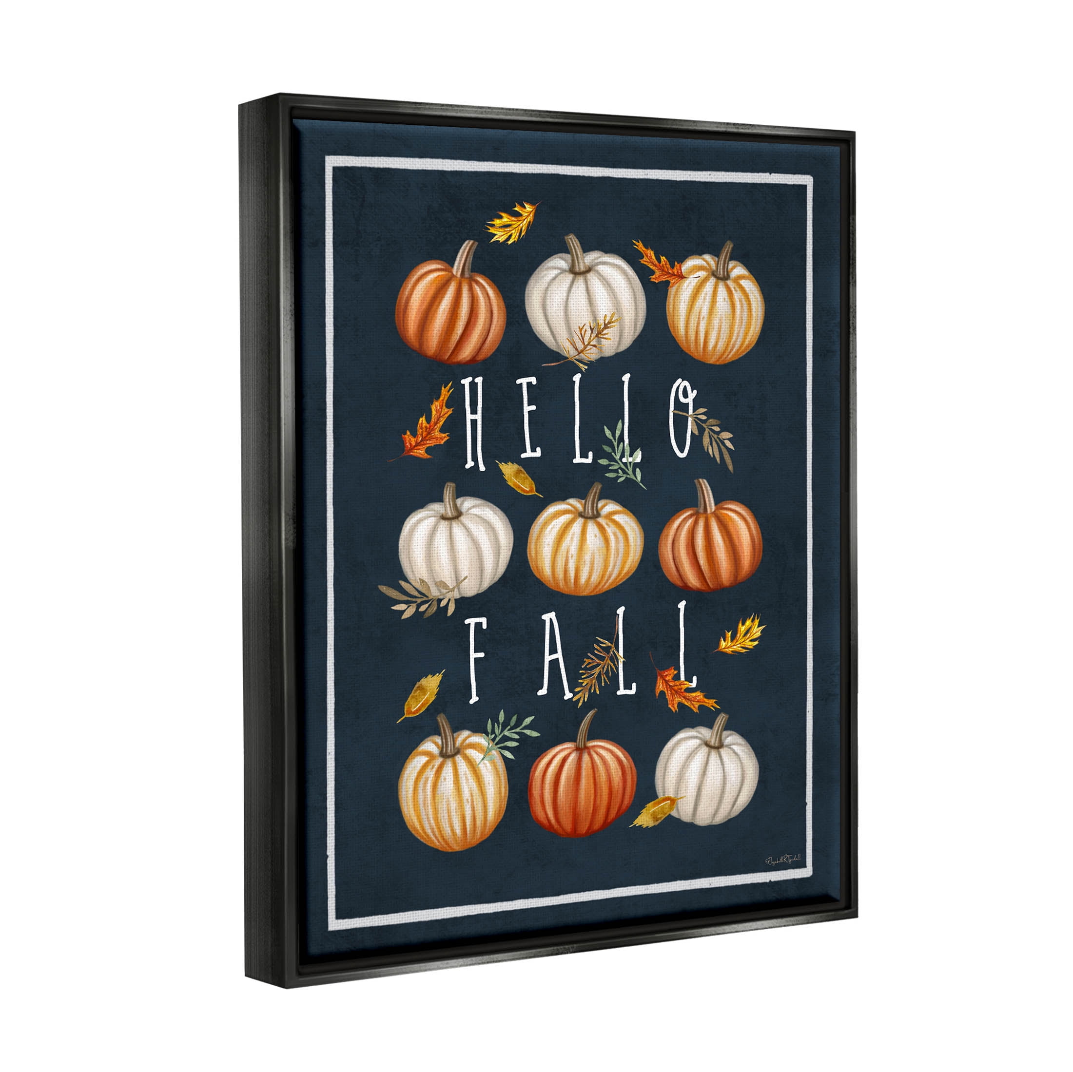 Stupell Industries Hello Fall Mixed Pumpkins Graphic Art Jet Black Floating Framed Canvas Print Wall Art, Design by Elizabeth Tyndall