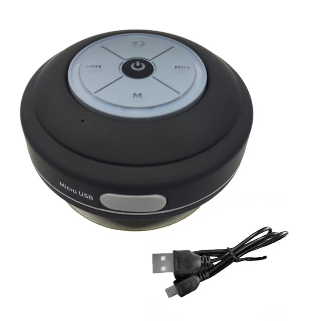 altavoz bluetooth led ducha de baño a prueba de agua altavoz inalámbrico portátil forma redonda recargable, dispositivo negro en vista cenital frontal; bocina circular compacta con panel de controles central con botón de encendido y botones de avance/retroceso, aro LED visible, puerto Micro USB en el lateral y ventosa en la base; incluye cable USB de carga. Conexión Bluetooth o entrada AUX; también suele usarse para escuchar música en exteriores o viajes cortos.