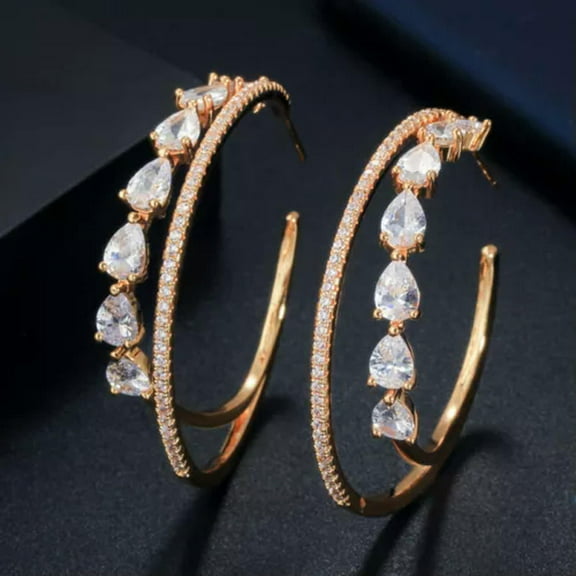 Cubic Zirconia Double Big Round Hoop Earrings Yellow Gold Plated White Jewelry