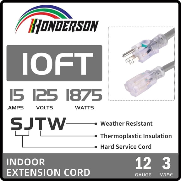 OTGFRF-Indoor Outdoor Extension Cord Weatherproof with Lighted End, UL Listed, 12 Gauge 10FT Grey 3 Prong Heavy Duty, 12/3 SJTW 15A Power Cord for Outdoor Lights, Lawn