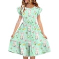 thumbnail image 2 of EGNMCR Robe à Manches Courtes Col Rond Robe d'Été pour Enfants à Manches Plissées Double Couche Imprimée pour Enfants de 5 à 14 Ans, 2 of 7