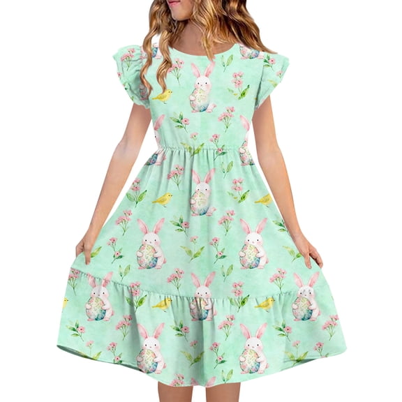 Girls Easter Dress Bunny Rabbit Floral Print Tiered A-Line Flutter Sleeve Soft Stretchy Polyester Spandex Multicolor Spring Church Party Dress 5-14 Years,Size 9 T