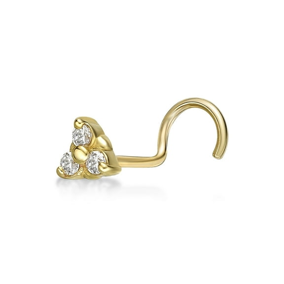 20 Gauge Curved 10K Yellow Gold Cubic Zirconia Three Stone Cluster Nose Ring