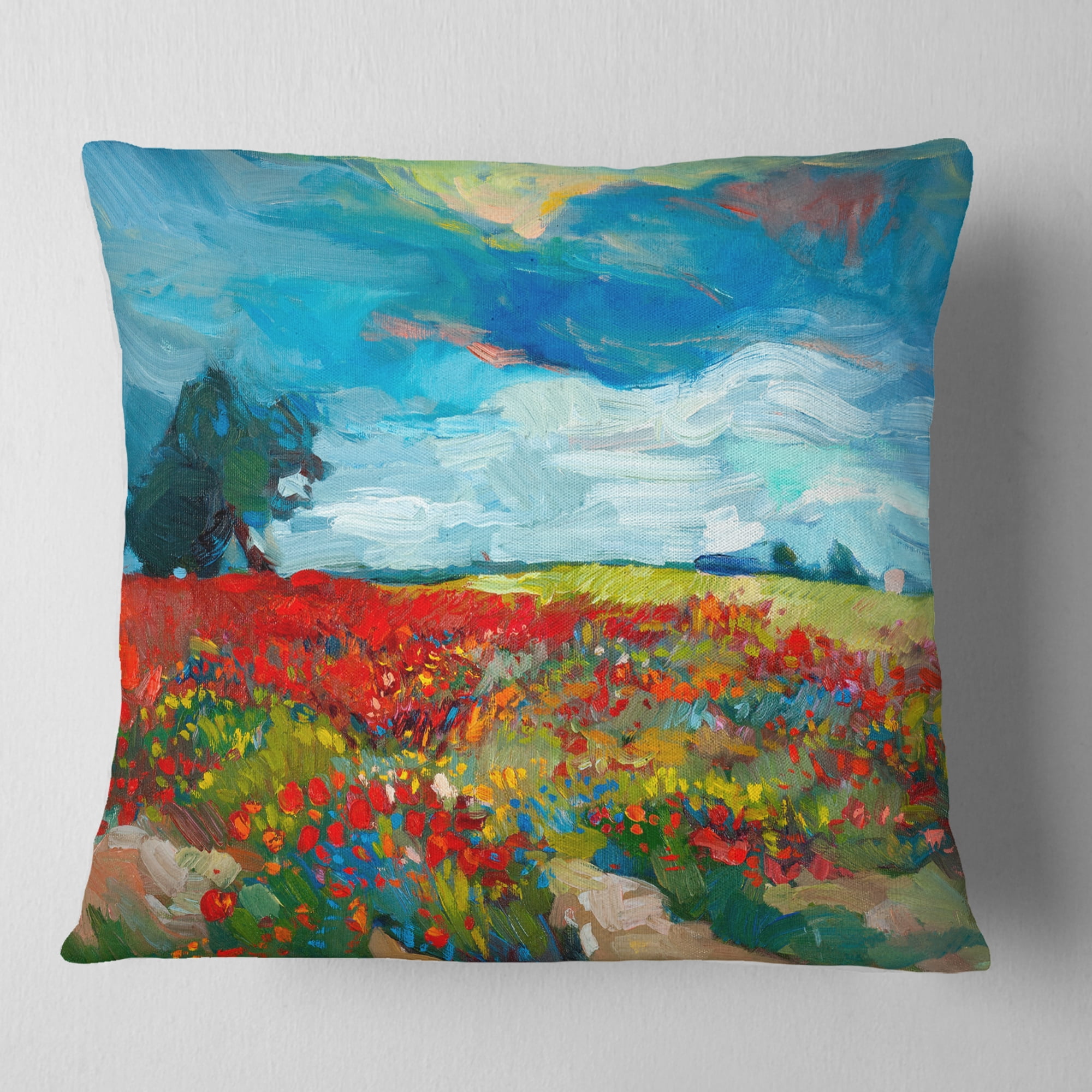 Designart Colorful Flower Fields - Landscape Painting Throw Pillow - 18x18