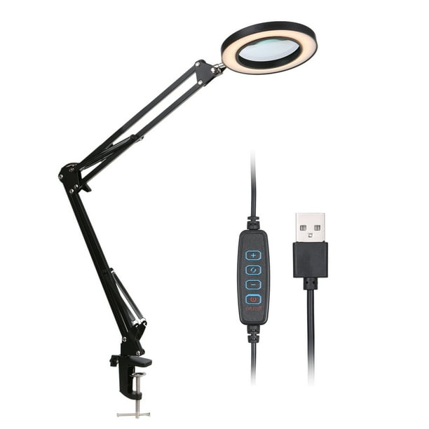 2 En 1 8X Lupa Led Brazo Largo Clip Lámpara de Mesa 3 Interruptor de Temperatura de Color Negro Tomshoo Lámpara de escritorio