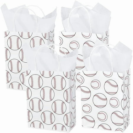 12Pcs 2 Styles Baseball Party Favor Bags Rectangle Paper Gift Bags with Handles 12Pcs Tissue Papers