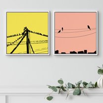 PixonSign Framed Wall Art Print Set Birds on Golden Background Nature Wilderness Digital Art Modern Art Chic Group Colorful Multicolor Ultra for Living Room, Bedroom, Office - 16"x16"x2 White