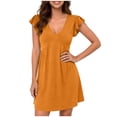 thumbnail image 2 of ClodeEU Women's Summer Babydoll Mini Dress ,Ruffle Sleeveless Deep V Neck Pleated Swing Flowy Tunic Dress Orange,Womens Plus L, 2 of 5