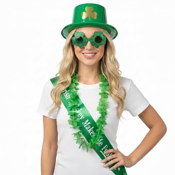 PMU 4 Pcs St. Patrick’s Day Party Costume Accessory Bundle, Green Plastic Top Hat, Glitter Shamrock Sunglasses, Shamrock Lei and Green Satin Sash