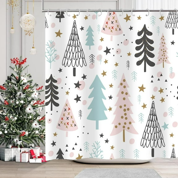 Christmas Shower Curtain, Winter Shower Curtain Set, Waterproof Cute Bathroom Shower Curtain Sets, Stars Christmas Tree Shower Curtains, Bathroom Curtains Shower Set Bathroom Decor 72"X72"