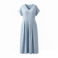 thumbnail image 4 of XiYing Robes d'Été pour Femmes, Robe Courte Unie à Col en V pour Femme, Manches Longues avec Poche, Coupe Décontractée d'Été, Extensible et Douce, Longueur Régulière, Paquet de un, 4 of 5